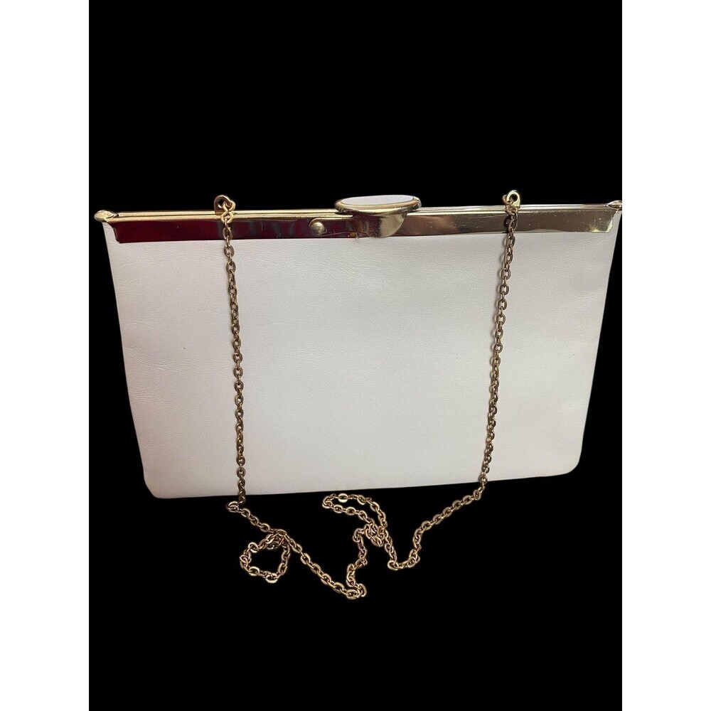 Vintage Etra Clutch Purse Womens Small Beige Leather Gold Chain Evening Bag